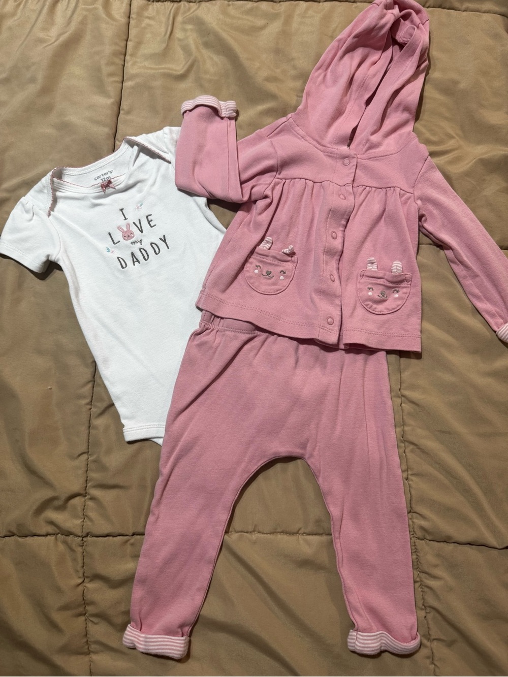 Pink Hooded 3 Piece Baby Set with 'I Love Daddy' Bodysuit size 12 months
